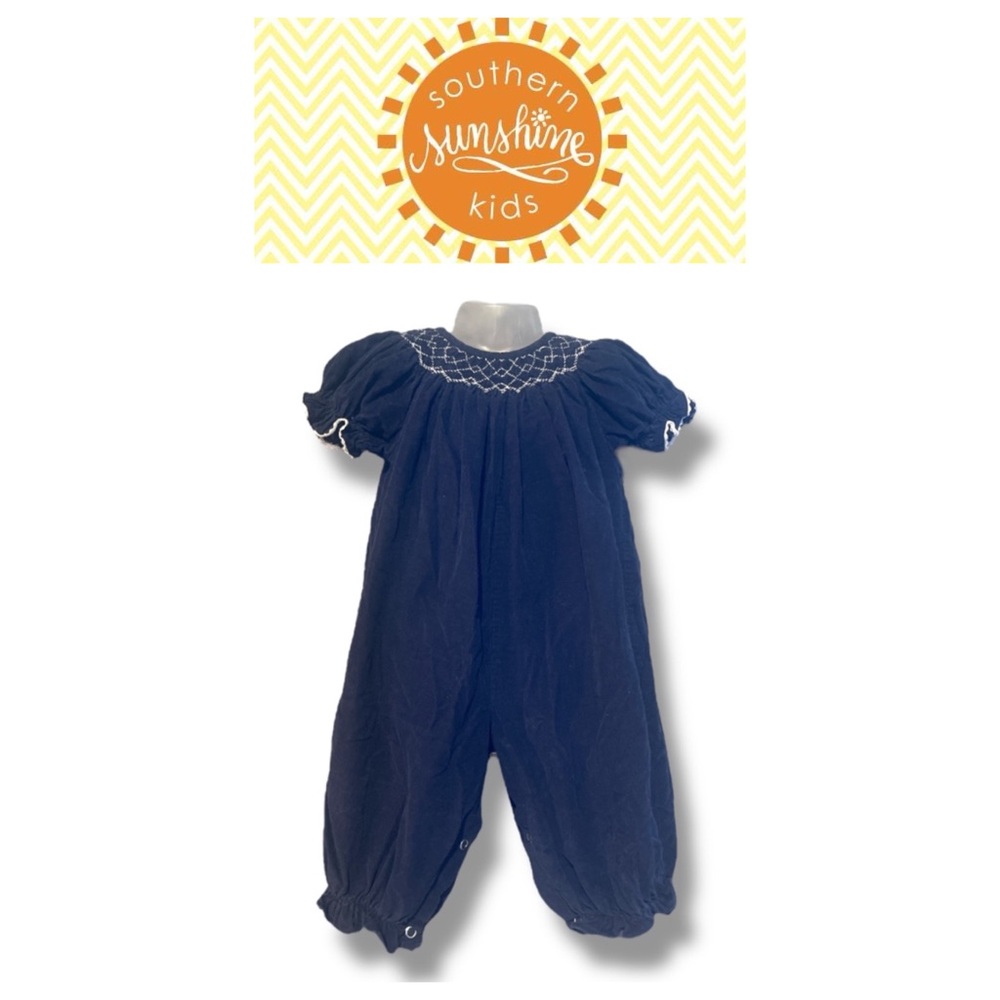 Southern Sunshine Corduroy Smocked Navy Blue Baby Romper